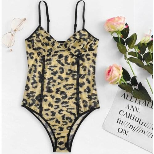 Ladies Bodysuits Sexy Slim Satin Silk Leopard Print Pajamas Catsuit Lingerie One-piece Underwear Satin bdsm lingerie soumise 03