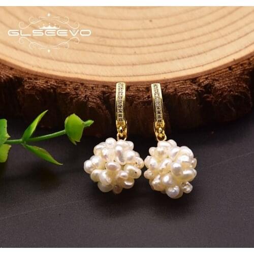GLSEEVO Natural Freshwater Pearl Earrings Woman Pearl Flower Ball Zircon Earrings Wedding Party Exquisite Jewelry GE1048