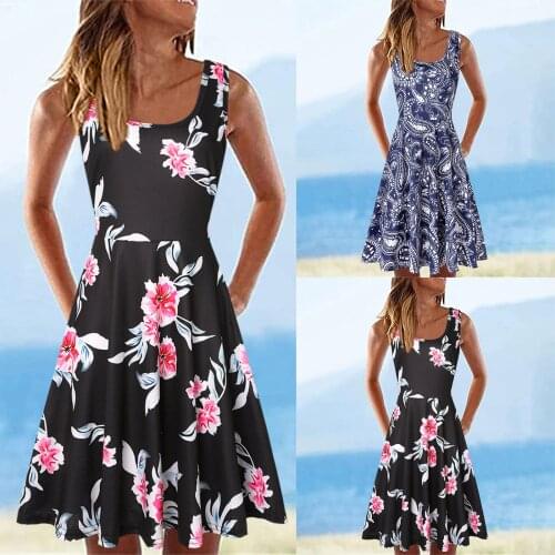 WomenS Summer Sundress Elegent Ladies Summer Sleeveless U-Neck A-Line Short Casual Printed Loose Dress Holiday Party Wear