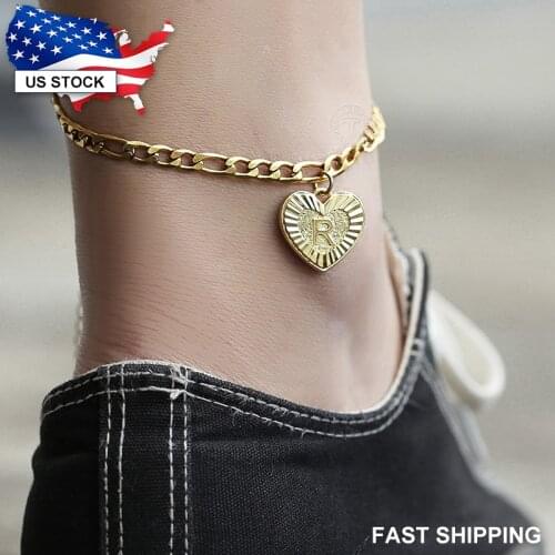 5mm Heart Shaped Anklet for Women Initial A Z Letter Charm Gold Color Stainless Steel Figaro Link Chain Anklet 8inch+4inch LKA16