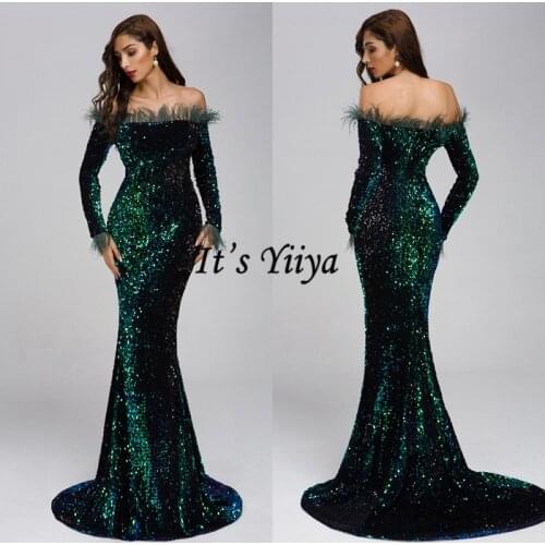 Its Yiiya Sequined Evening Gown Elegant Off The Shoulder Mermaid Evening Dress 2020 Long Sleeve Long Dress Woman Party K296
