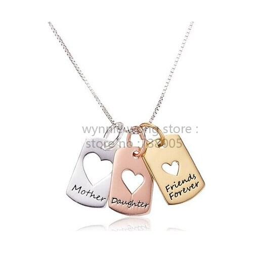 2015 New Inspirational Tri Colored Silver Yellow, Rose Gold Flashed "mother daughter friends forever "Charm Pendant Necklace