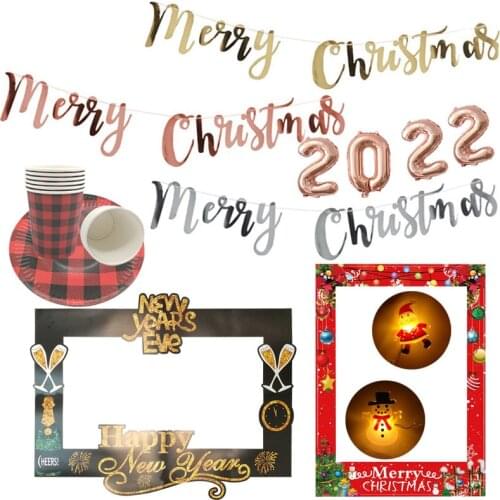 2020 Merry Christmas Banner Garland Bunting Party LED Light String Banner 2021 Happy New Year Xmas Paper Frame Balloon Decor
