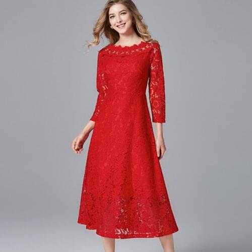 Fat mm one line collar dress European and American fashion super xiansen red lace dress with fat and large size