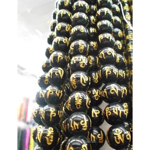 Black Round Beads Man Bracelet Tibetan OM MANI PAD ME HUM Amulet Mantras bracelets Natural stone beads 10/12/14mm
