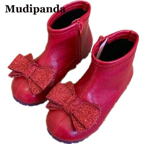 Children Bow Princess Shoes Girls Leather Shoes Winter Fashion Short Boots 2021 New Baby Toddler Fashion Martin Boots Non-slip