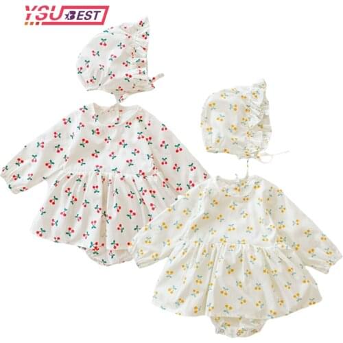 Baby Clothes Cherry Print Infant Girls Bodysuits Baby Birthday Clothes Baby Bodysuit and Hat Set Princess Baby Girl Bodysuits