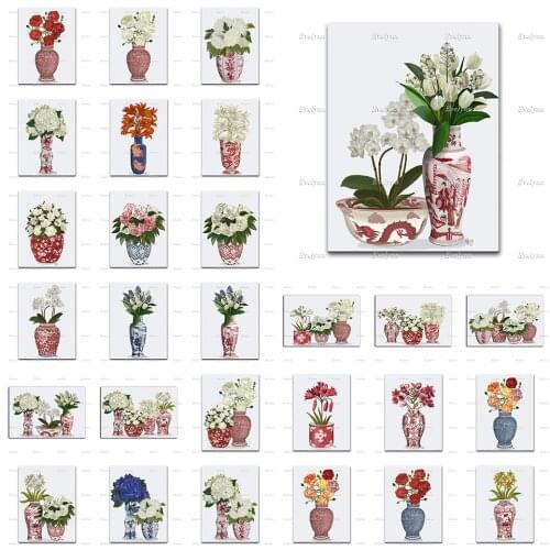 Chinoiserie Porcelain Vases Posters Red And White China,Hydrangea Orchid Tulip Hyacinth Home Decor Canvas Wall Art Prints Gift