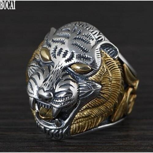 2020 new S925 silver Thai silver ring for men silver-copper combination process mighty tiger head man silver ring adjustable