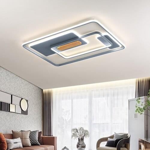 Nordic Atmospheric Square Led Ceiling Lamp Modern Minimalist Grey Iron Living Room Lamp with Wood for Master Bedroom Study