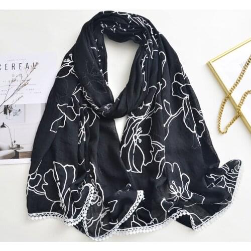 2021 Newest Women Floral Embroidery Pattern Lace Trim Scarf Shawls Wraps Hijabs 4Colors