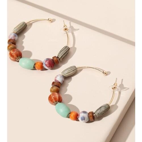 New ZA Bohemian Colorful Wooden Beads Hoop Earring For Women Vintage Metal Big Round Circle Hoops Earrings Fashion Jewelry Gifts