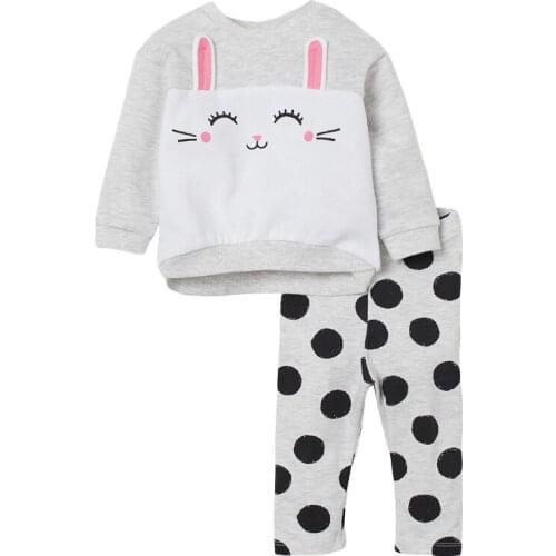 Baby Girl Clothes 2021 New Autumn Casual Cotton Brand Toddler Gray Cat Shirt + Polka Dot Pants Children Set 20766
