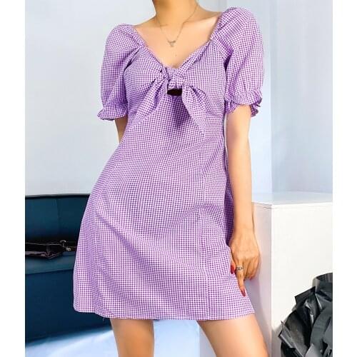 Summer European and American retro French lace up bow V-neck high waist Bubble Sleeve Plaid Dress
