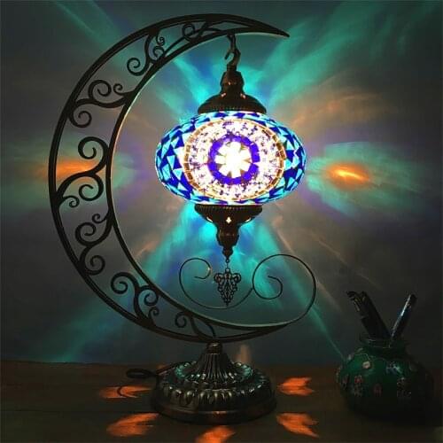 Vintage Ethnic Style Romantic Moon Decoration Bedroom Living Room Restaurant Cafe Hotel Handmade Mosaic Glass Turkish Table Lamp