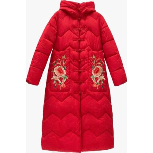 2021 Women Jacket X-long Hooded Flower Embroidery Cotton Padded Female Winter Coat Womens Parka High Quality Warm Outwear