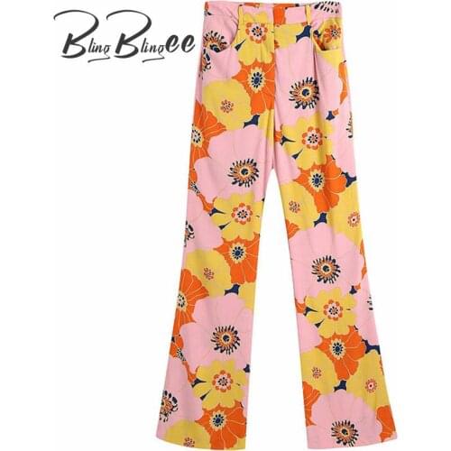 BlingBlingee Holiday Bright Print Women Long Trousers Summer Lightweight High Waist Full Length Straight Pants Female Bottoms