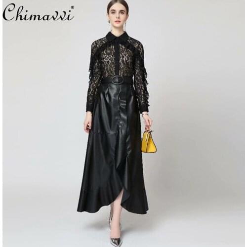 2021 Autumn Winter Stand Collar Long Sleeve Lace Black Shirt Women High Waist Irregular Long Skirt Lady Two Pieces Skirt Set