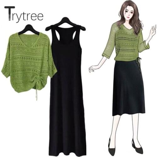 Trytree 2020 Autumn Winter Women two piece Set V-neck Solid knitting Hollow Out Tops + Dress Black A-line Set 2 Piece Set