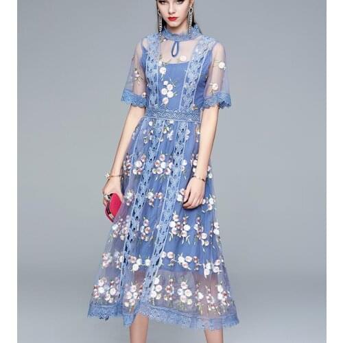 Womens spring summer short sleece embroidery transparent mesh dress female runway fashion high waist medium long dress TB937