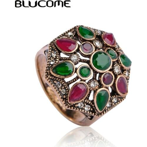 Blucome Vintage Turkish Turkey Style Round Green Wide Big Ring Antique Gold Color Resin Women Wedding Party Accessories Bijoux