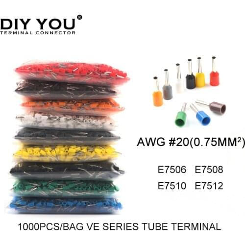 1000 Pcs/lot E7506 E7508 E7510 E7512 Insulated Ferrules Terminal Block Cord End Wire Connector 0.75mm2 AWG 20 Crimp Terminator