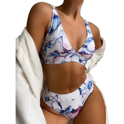 2Pcs Vintage Printed Swimwear Women Bathing Suits Female Adults V-neck Bikini Bra Thong Beach Swimsuit