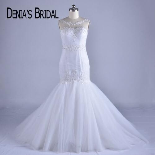 2020 Real Mermaid Wedding Dresses Elegant Crew Neck Applique Beaded Court Train Bridal Gowns Custom Made