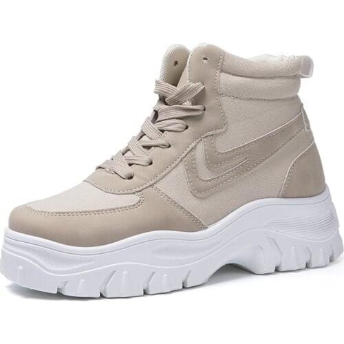 Fahsion Winter Ladies Shoes Thick-soled Warm Ankle Boots Beige Lace-up Casual Comfortable Shoes Ladies Heighten Womens Shoes