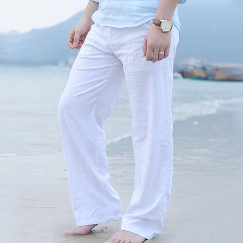 Men Casual Cotton Linen Wed Leg thai fisherman Loose Long Pant Leisure Beach Autumn Summer Fashion Elastic Waist Trousers M-3XL
