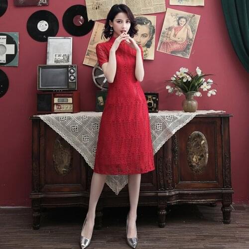 FZSLCYIYI 2019 Summer Modern Cheongsam Women Short Lace Qipao Chinese Dress Vintage Elegant Dress High Quality A-line qipao