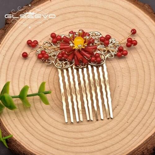GLSEEVO Handmade Natural Coral Hairpin Woman Topaz Gemstone Hairpin Wedding Party Gift Headdress Hairpin Jewelry GH0046