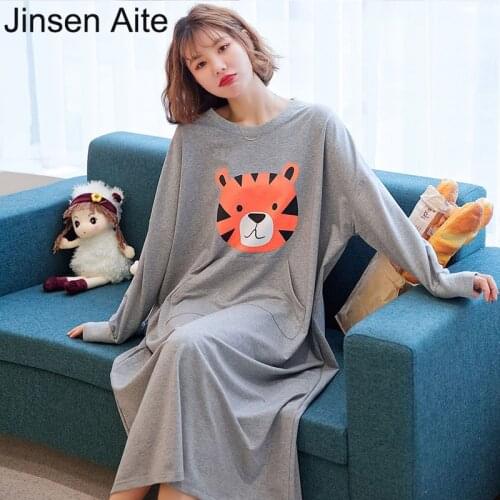 Jinsen Aite Oversize Womens Nightdress New Spring Summer Cotton Long Sleeve Girl Cartoon Sleepwear Round Neck Nightgowns JS854