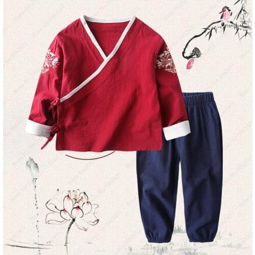 Chinese Style Kids Cotton Linen Traditional Hanfu Wu Tang Suit Children Kung Fu Uniform Kimono Tops Pants Japanese Clothing Set