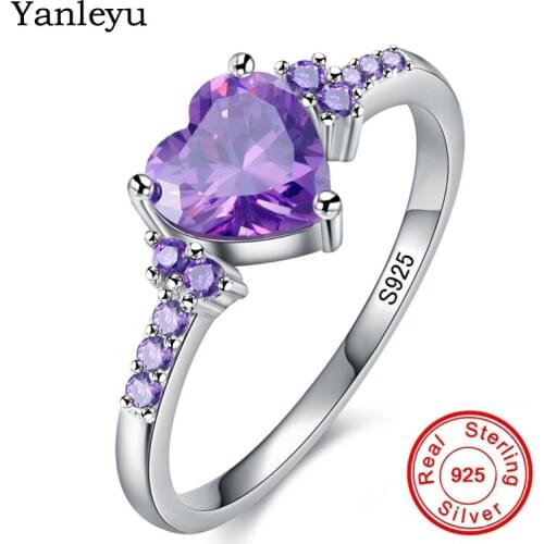 Yanleyu Real 925 Sterling Silver Amethys Ring for Women Heart Purple Crystal CZ Wedding Engagement Ring Fine Jewelry PR003