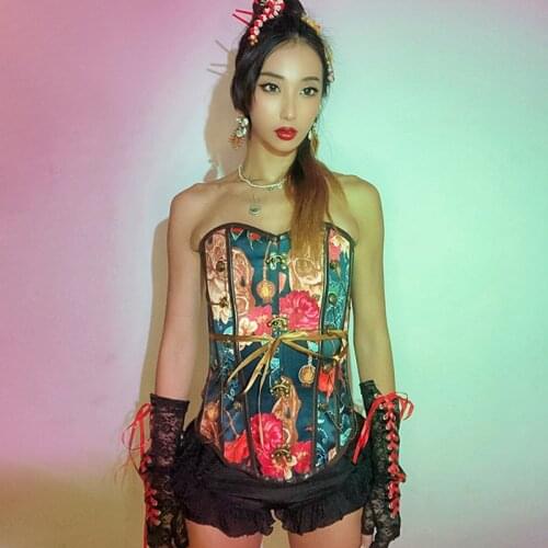 Retro Printing Nightclub Gogo Jazz Dancing Performance Costume Suit For Women Bar DJ Singer Dancer Show Stage Wear VDB3754