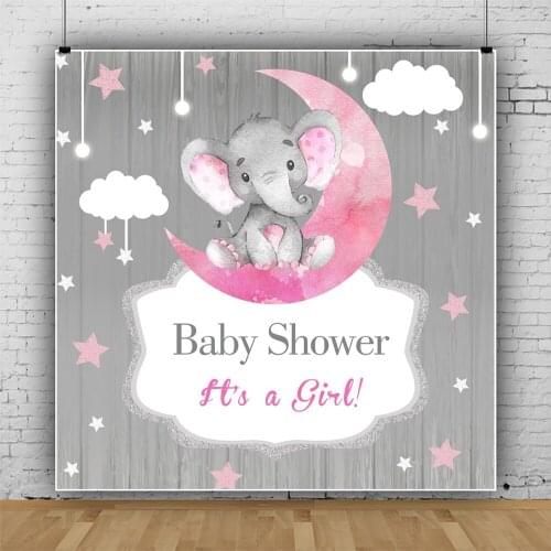 Laeacco Pink Elephant Girls Baby Shower Gray Wooden Boards Photography Background Customized Poster Baby Portrait Photo Backdrop