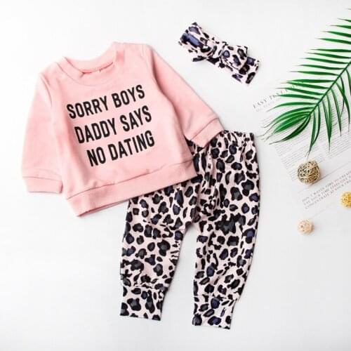 Cute Outfit Babys Girl Sets Sweet Girls Long Sleeved Letter Print T-Shirt Leopard Trousers Hair Band Toddler Girls Clothes