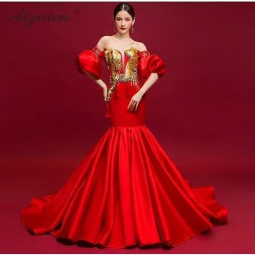 Fashion Red No Shoulder Long Cheongsam Dresses Chinoise Mermaid Stage Show Gown Qi Pao Women Chinese Evening Dress Host Qipao