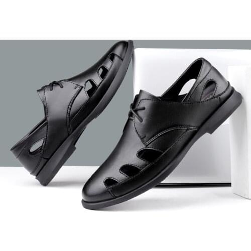 Genuine Leather Men Sandals Dress Shoes Summer Beach Shoes Business Breathable Hollow Out Flat Casual Sandals