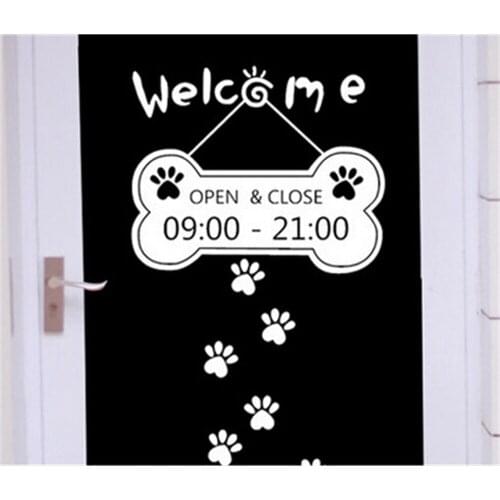 Lovely cust welcome custom business time open close hours sticker toy pet store window door welcome sticker wall sticker
