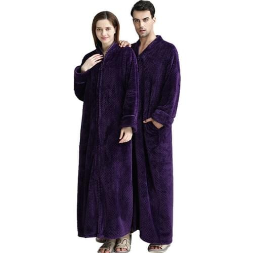 Womens New zip Flannel Dressing Gown Soft Long Men Fleece Bath Robe House Coat