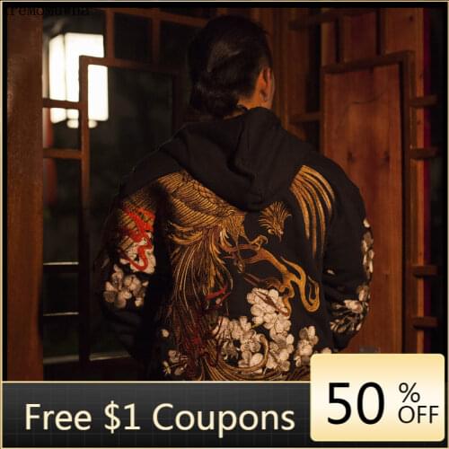 AreMoMuWha Autumn and Winter Japanese Heavy Embroidery Mens Hooded Hoodie Cherry Suzaku Embroidery Harajuku Black HoodieQX1096