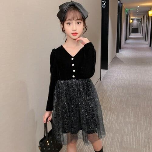 Girl Dress Elegant Black V-Neck Mesh Kids Dresses for Girls Princess Costume Spring Autumn Children Clothes 3 4 6 8 10 12 Yrs