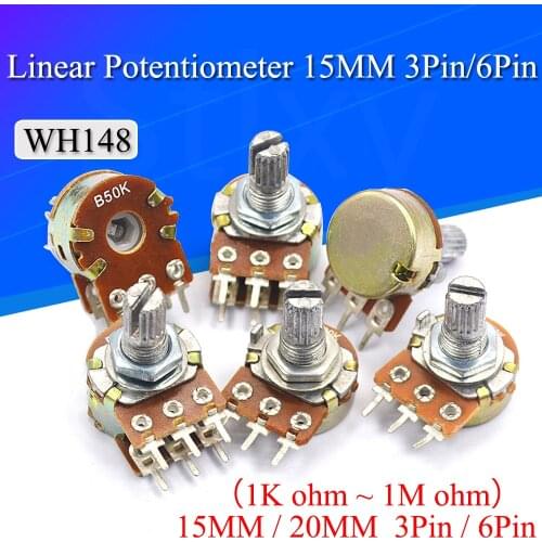 5PCS WH148 Potentiometer with switch 3/6Pin 15MM/20MM Shaft Amplifier Dual Stereo Potentiometer 1K 2K 5K 10K 50K 100K 500K