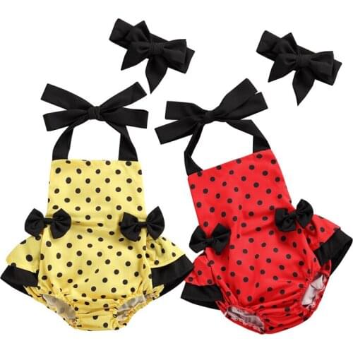 Pudcoco 0-24M 2Pcs Baby Boys Girls Summer Sleeveless Red Yellow Polka Dot Lace-Up Bowknot Halter Pullover Romper+Headwear Outfit