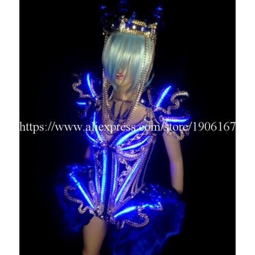 Led Luminous Sexy Women Ballroom Costume LED DJ Nightclub Party Evening Crystal Dress Clothes For Dancing Stage Show Bar Props