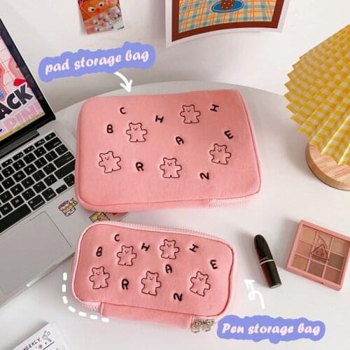 Cute Bear Ipad Storage Bags Embroidery Plush Pen Storage Bag Zipper Handbag Bag for IPad Air1/2/3 Cosmetic Sundries Storage Bags