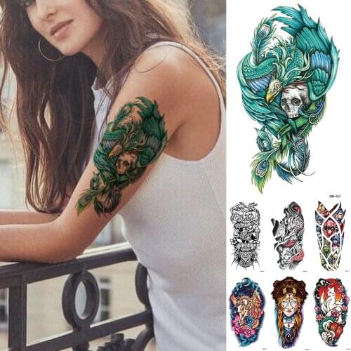 Waterproof Temporary Tattoo Sticker Green Feather Phoenix Totem Skull Flash Tattoos Body Art Arm Fake Tatoo Women Men
