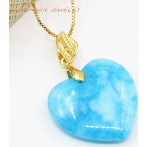 Blue Heart Shape Pendant 25mm Trendy Natural Stone Jades Chalcedony Necklace & Pendants Stainless Steel Chain Women Jewels B3350